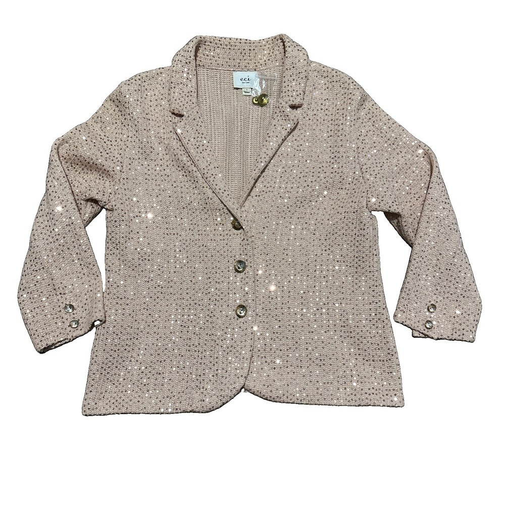 Eci New York Blazer Knitted Women Light Pink Flitters 3/4 Sleeves Size L